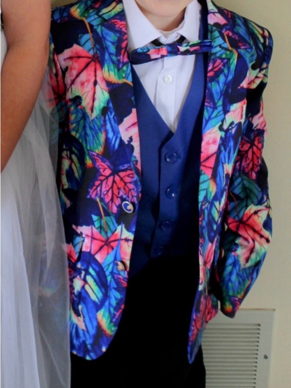 Boys Vibrant Floral Navy Blazer with Matching Bow Tie